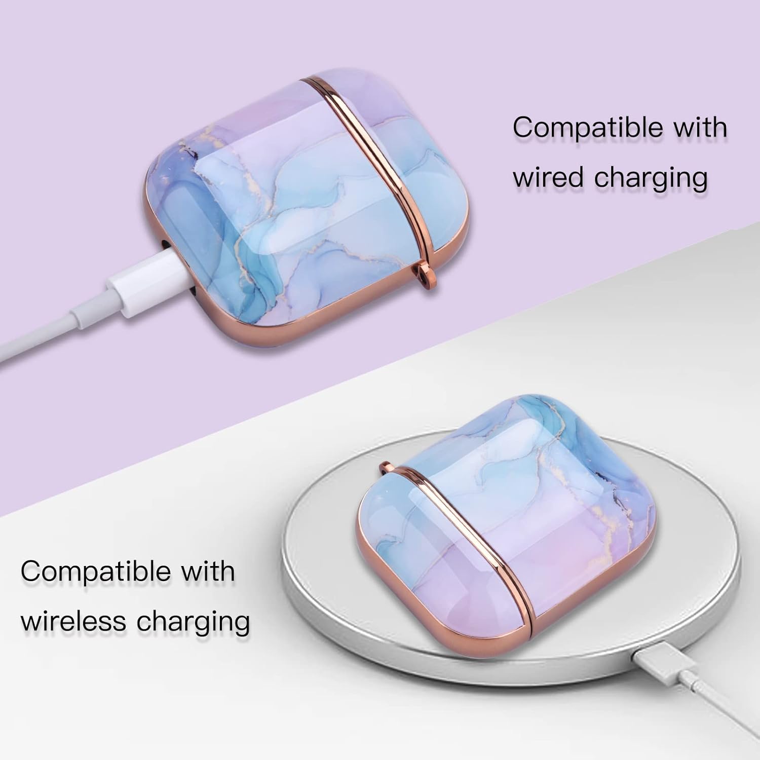 OLEBAND Case Fit for Airpod with Keychain and Cute Skin,Hard iPods 1st 2nd Gen Cover for Women and Girls,Accessory Sets fit for Air pod 2/1 Generation,Watercolor Marble