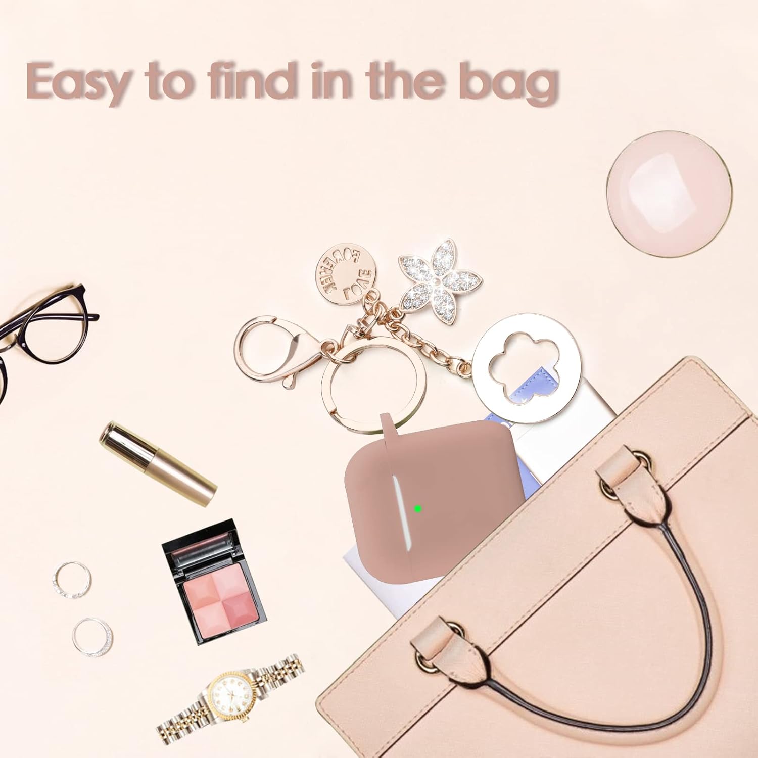 OLEBAND Case Fit for Airpod 1st/2nd Generation with Cute Bling Keychain,iPods Silione Cover Compatible for Apple Air pod/iPod 2 and 1 Gen Case,LED Visible,for Women and Girls,Milk Tea