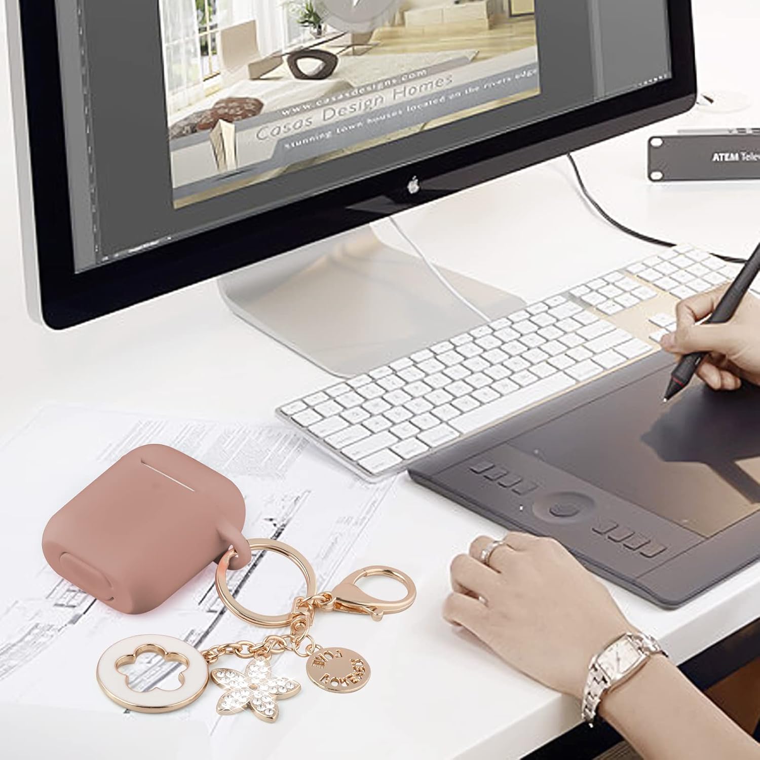 OLEBAND Case Fit for Airpod 1st/2nd Generation with Cute Bling Keychain,iPods Silione Cover Compatible for Apple Air pod/iPod 2 and 1 Gen Case,LED Visible,for Women and Girls,Milk Tea